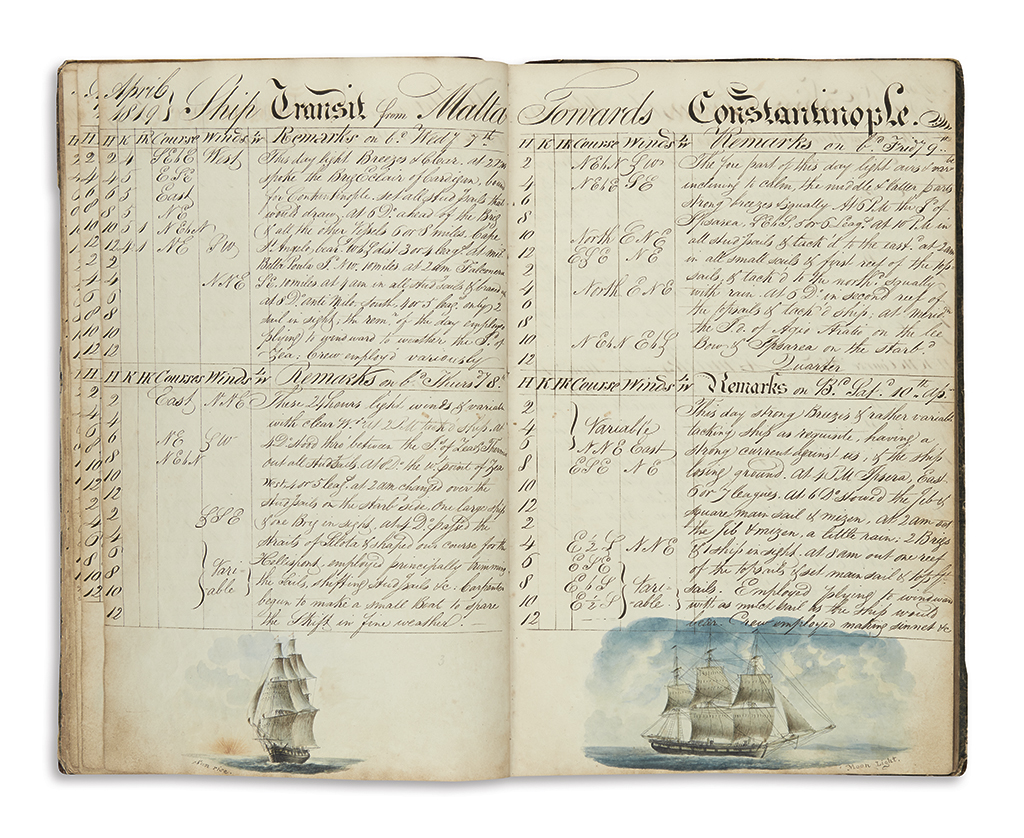 (DRAWINGS--SHIPS LOG.) Hodgson, William. Journal of a Voyage, from Bristol to the Mediterranean, Anno Domini 1819